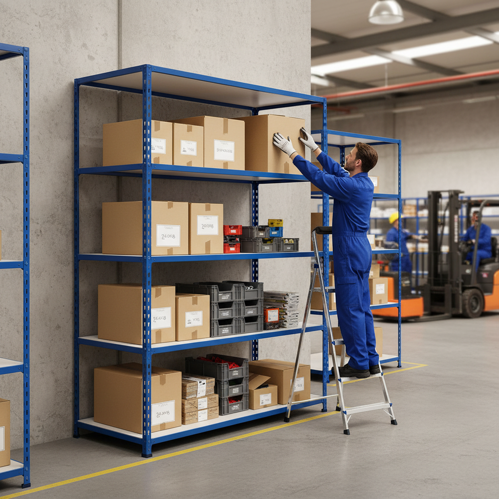 Premium Industrial Shelving - 2440mm High - 200kg Capacity - Melamine - Blue Finish - Side view