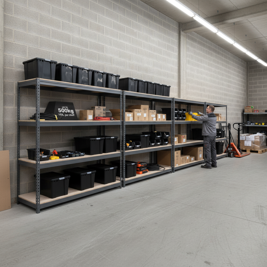 4x Premium Heavy Duty Shelving - 1800mm High - Grey with 8x 62L Plastic Storage Boxes - Side view