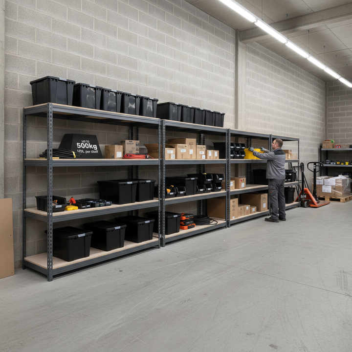 4x Premium Heavy Duty Shelving - 1800mm High - Grey with 8x 62L Plastic Storage Boxes - Side view
