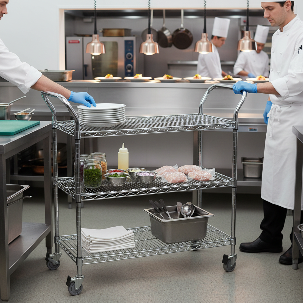 Premium Chrome General Purpose Trolley - 3 Levels with Adjustable Shelves - Side view