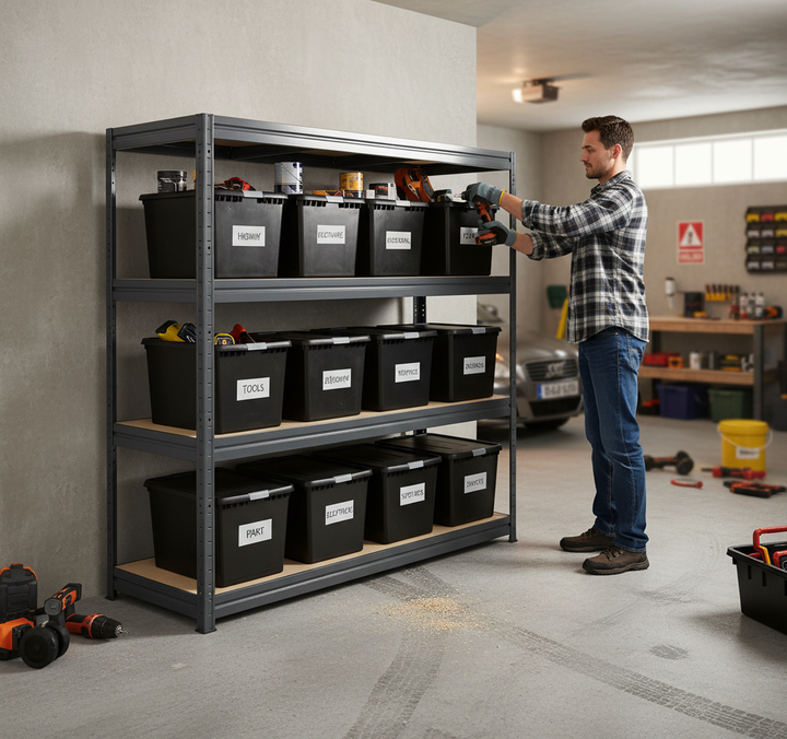 Premium Heavy Duty Shelving with 8x 37L Plastic Storage Boxes - 1770mm High - Grey - Side view