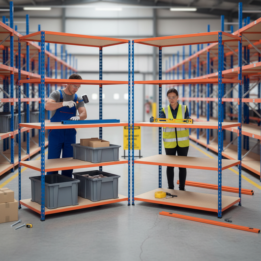 Premium Industrial Shelving - 2440mm High - 340kg Capacity - Chipboard - Blue & Orange - Front view