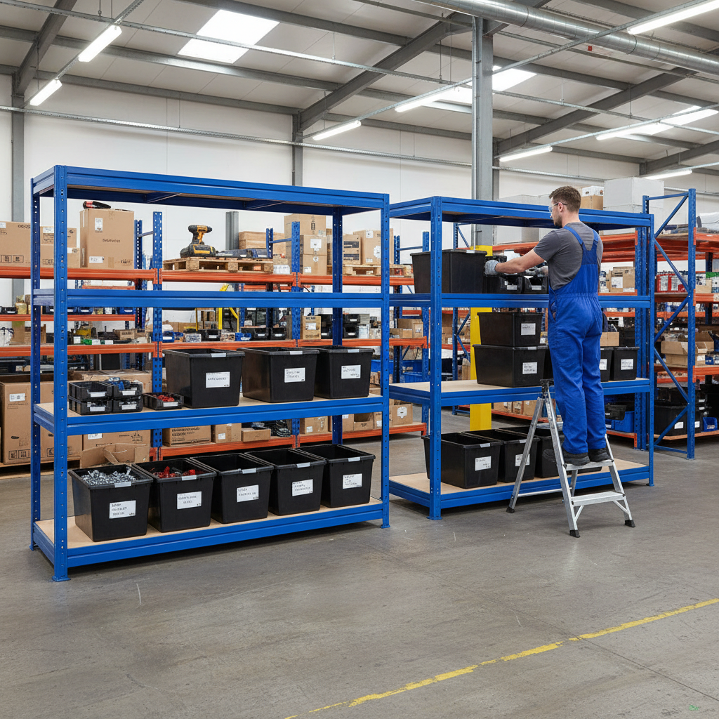 2x Premium Heavy Duty Shelving - 1770mm High - Blue with 8x 62L Plastic Storage Boxes - Side view