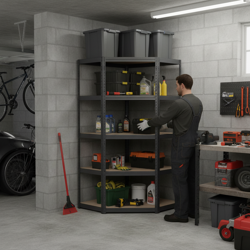 Premium Garage Corner Shelving Unit - 1800mm High - 250kg Capacity - Grey - Side view