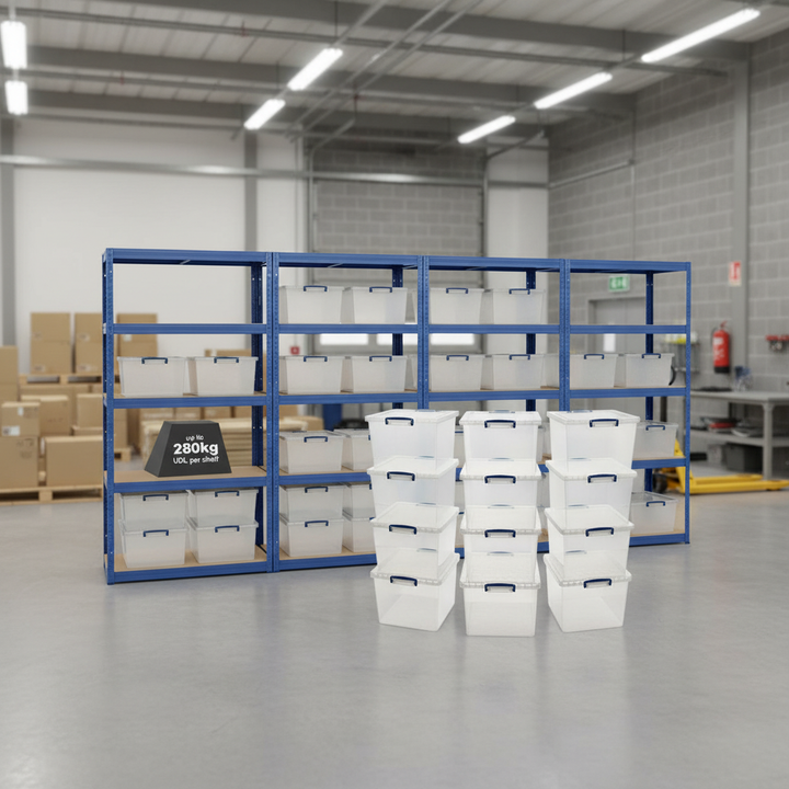 4x Heavy Duty Shelving Units - 2130mm High - Blue with 12x 33.5L Storage Boxes - Front view