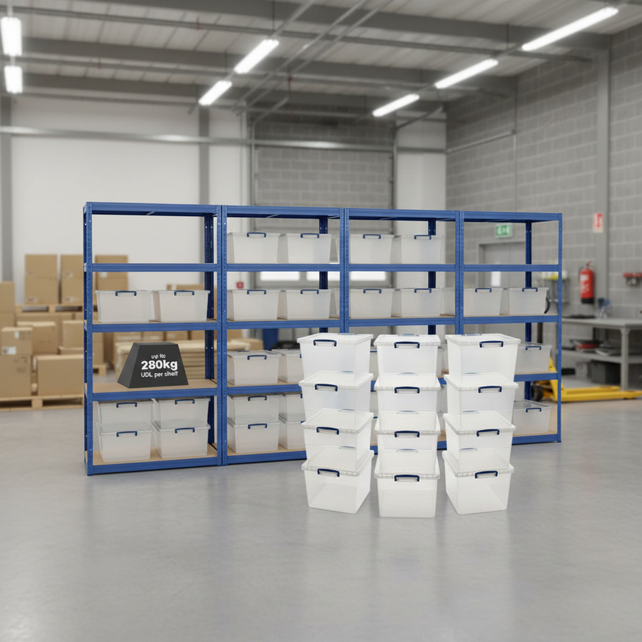 4x Heavy Duty Shelving Units - 2130mm High - Blue with 12x 33.5L Storage Boxes - Front view