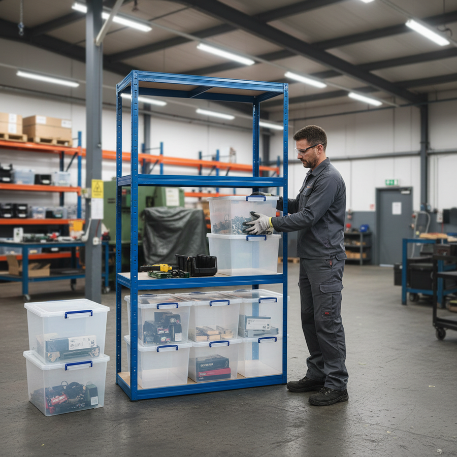 Heavy Duty Shelving Unit - 1600mm High with 12x 33.5L Storage Boxes - Front view