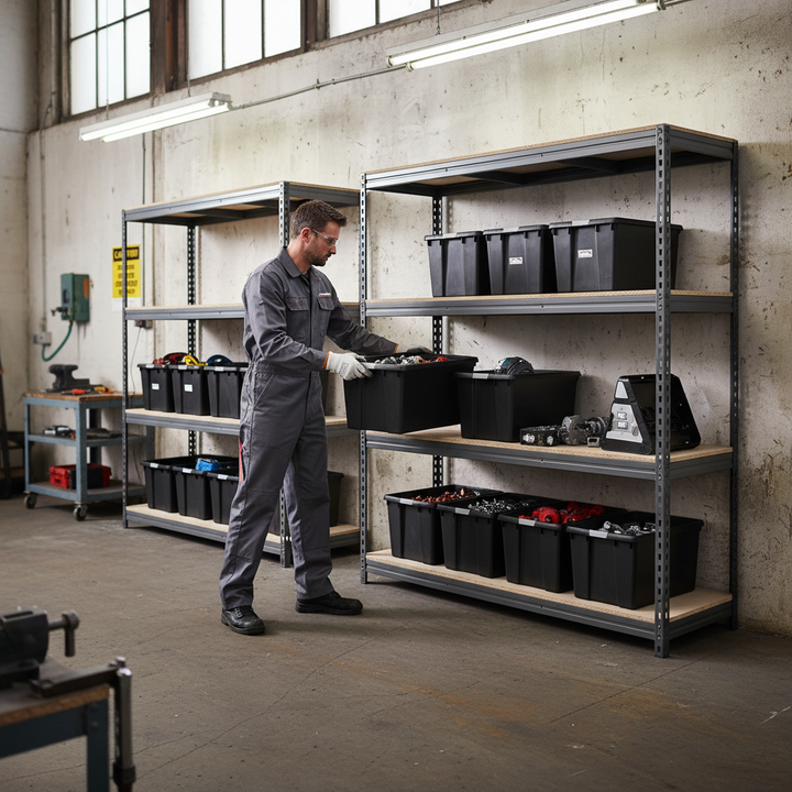 3x Premium Heavy Duty Shelving - 1800mm High - Grey with 8x 62L Plastic Storage Boxes - Front view