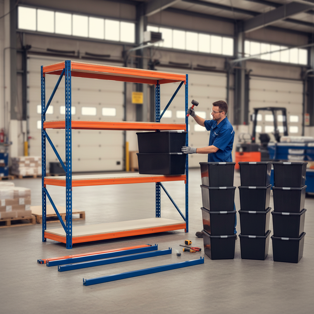 Premium Heavy Duty Shelving with 12x 62L Plastic Storage Boxes - 2200mm High - Front view