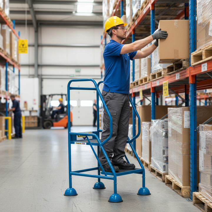 Premium Mobile Safety Steps with Spring-Loaded Castors - 150kg Capacity - Side view