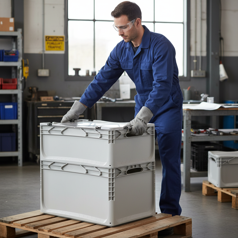 Durable Euro Containers with Hinged Lids - Light Grey - Ideal for All Applications - Front view