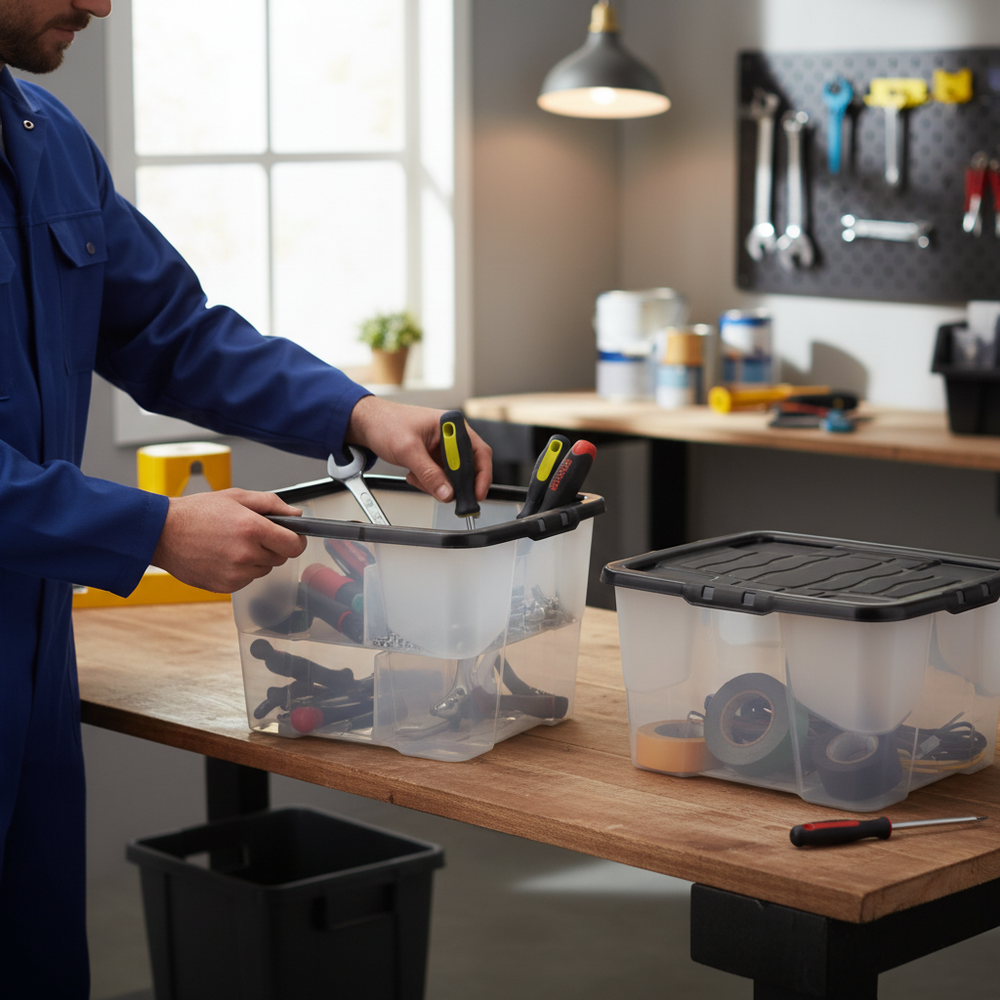 24L Heavy Duty Clear Plastic Storage Boxes with Snap Lids - Side view