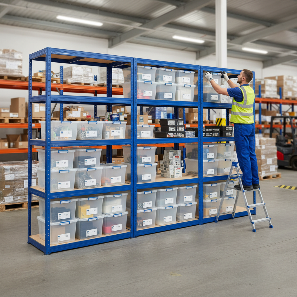 3x Heavy Duty Shelving Units - 2130mm High - Blue with 12x 33.5L Storage Boxes - Side view
