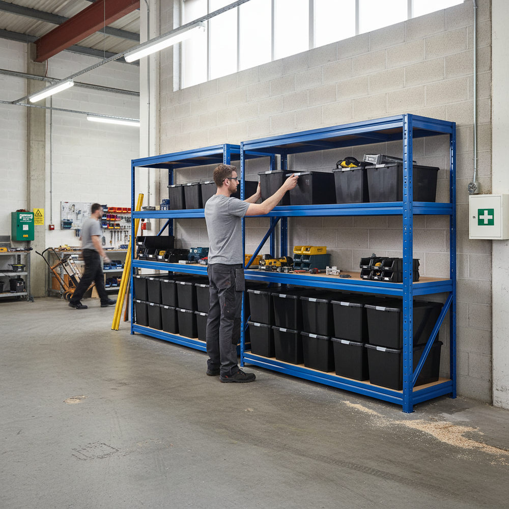 2x Heavy Duty Shelving - 1770mm High - Blue with 12x 37L Plastic Storage Boxes - Side view