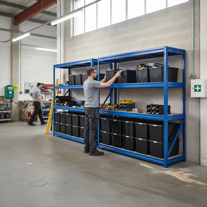 2x Heavy Duty Shelving - 1770mm High - Blue with 12x 37L Plastic Storage Boxes - Side view