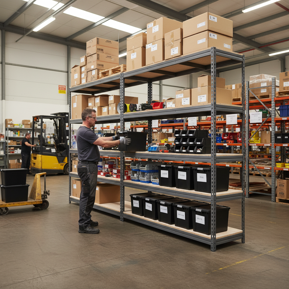 3x Premium Heavy Duty Shelving - 2000mm High - Grey with 8x 37L Storage Boxes - Side view