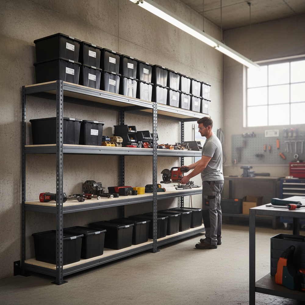 3x Premium Heavy Duty Shelving - 1800mm High - Grey with 12x 37L Plastic Storage Boxes - Side view