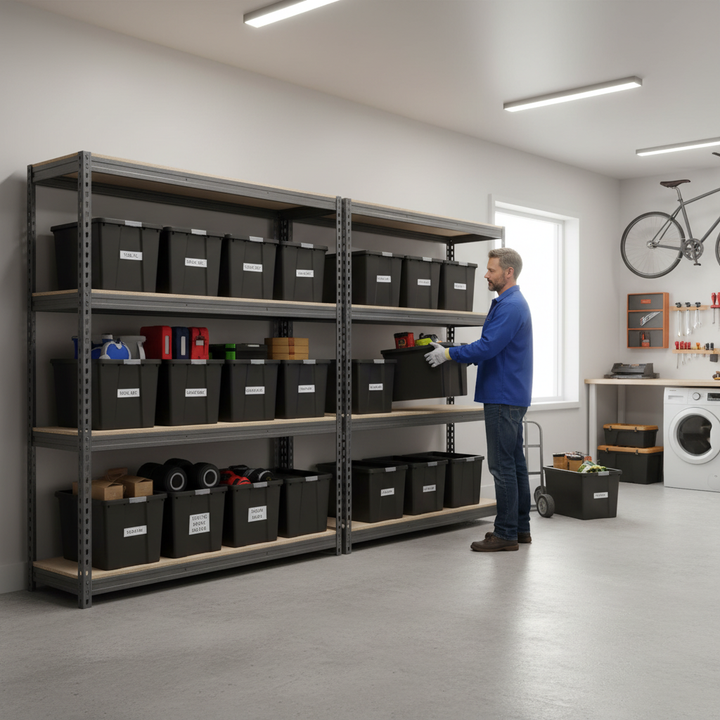 2x Premium Heavy Duty Shelving - 1600mm High - Grey with 8x 62L Plastic Storage Boxes - Side view