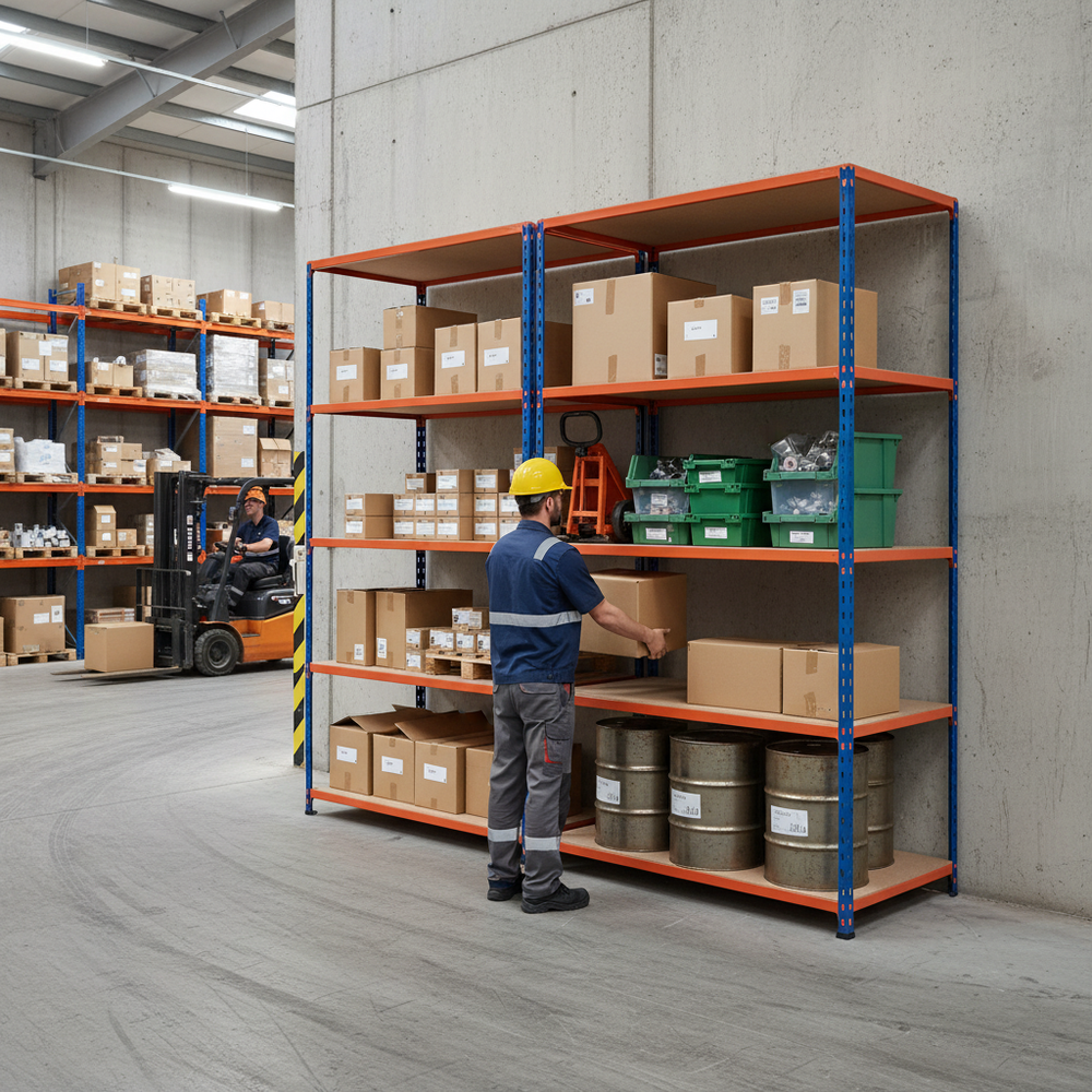Premium Industrial Shelving - 2440mm High - 340kg Capacity - Chipboard - Blue & Orange - Side view