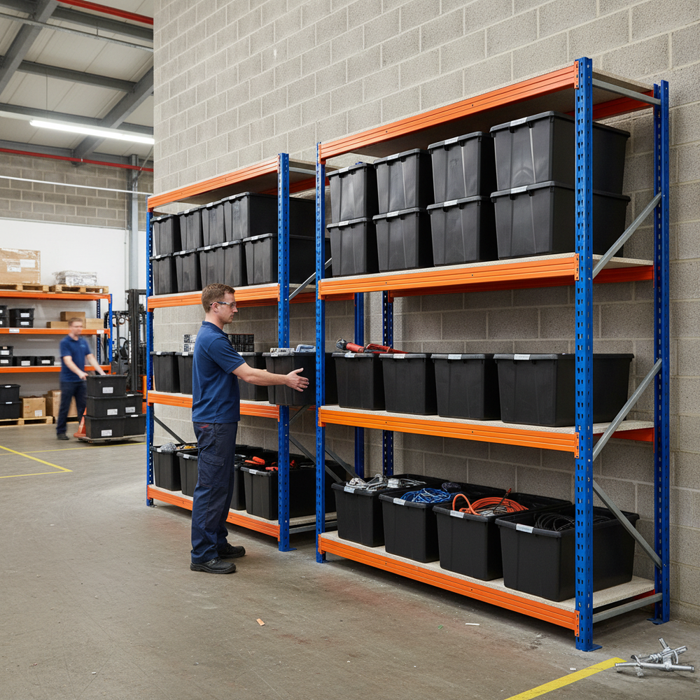2x Heavy Duty Shelving Units - 2000mm High with 12x 62L Plastic Storage Boxes - Side view