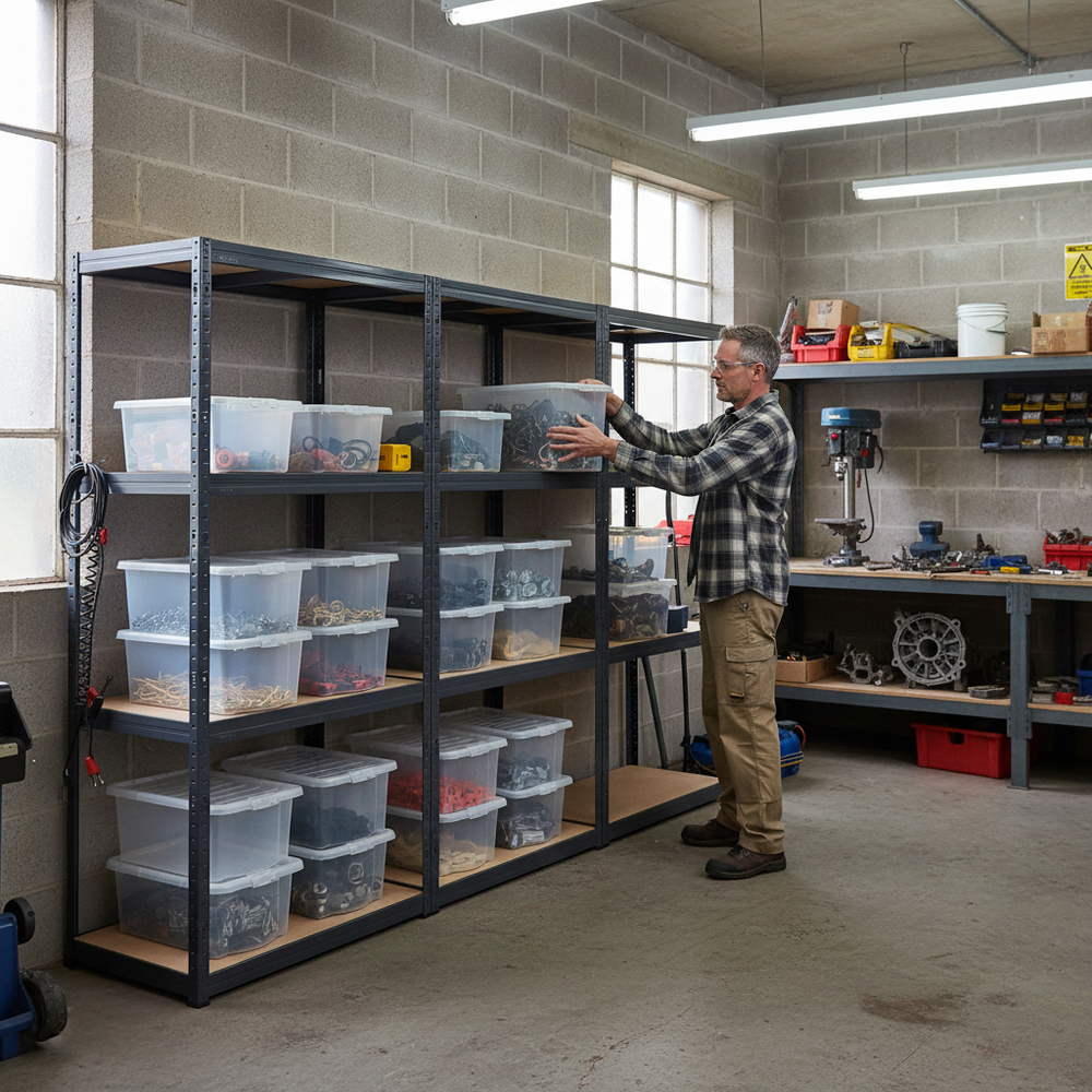 Premium 3x Shelving Unit - 1600mm High - Grey with 12x 60L Plastic Storage Boxes - Side view