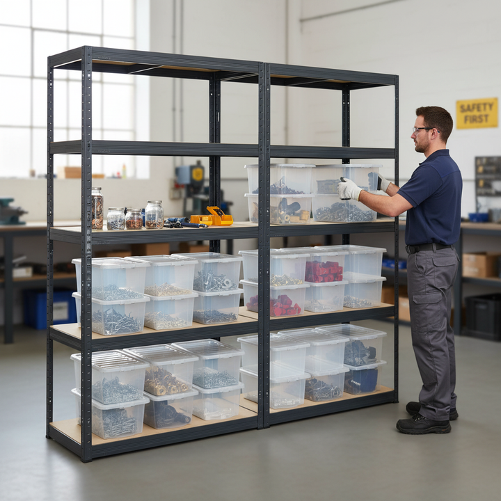 Heavy Duty Shelving Unit with 12x 60L Plastic Storage Boxes - 1800mm High - Grey - Front view