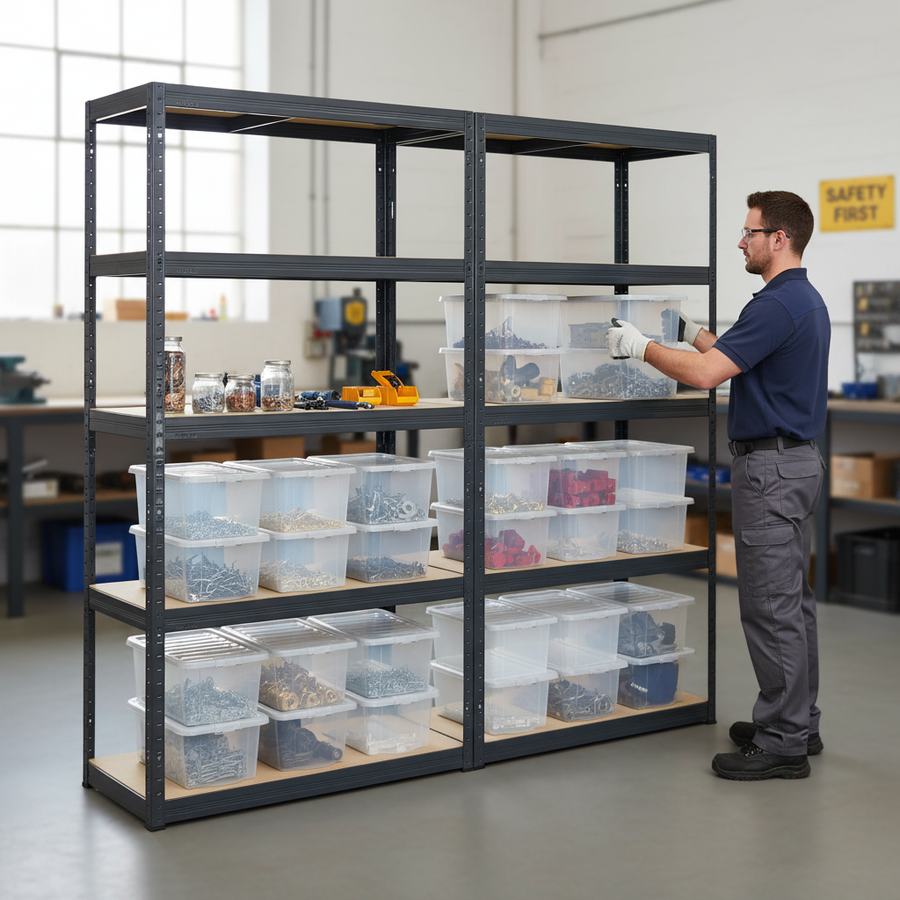 Heavy Duty Shelving Unit with 12x 60L Plastic Storage Boxes - 1800mm High - Grey - Front view