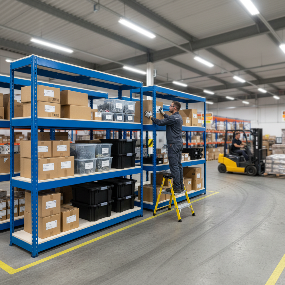3x Heavy Duty Industrial Shelving - 2440mm High - 400kg Capacity - Melamine - Blue - Side view