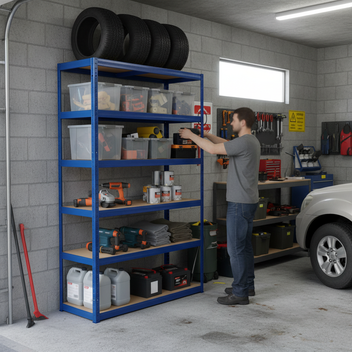 Heavy Duty Garage Shelving - 1800mm High - 200/280kg Capacity - Blue - Side view