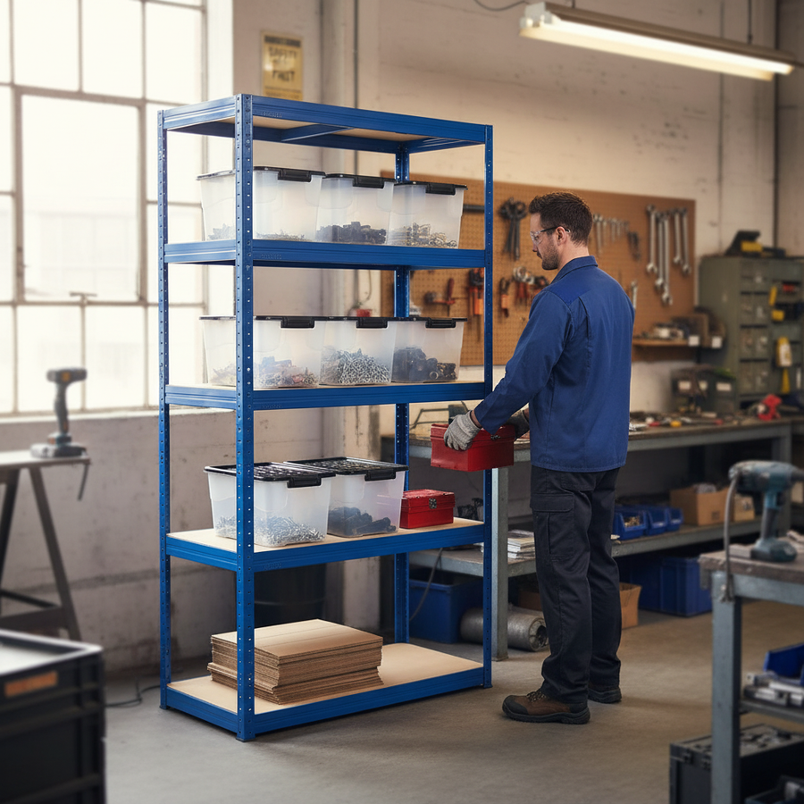 Heavy Duty Shelving Unit - 1800mm High with 8x 24L Storage Boxes - Front view