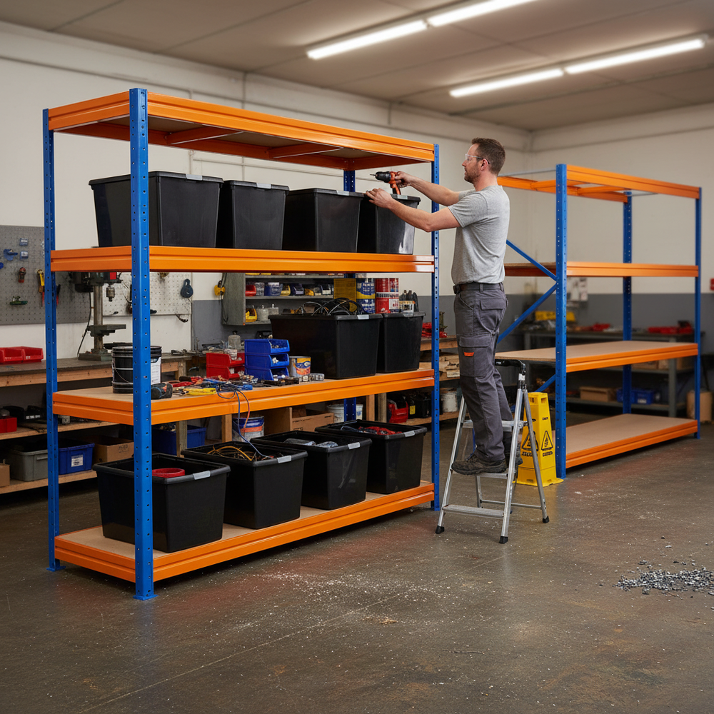 Premium Heavy Duty Shelving - 1770mm High with 8x 62L Plastic Storage Boxes - Side view