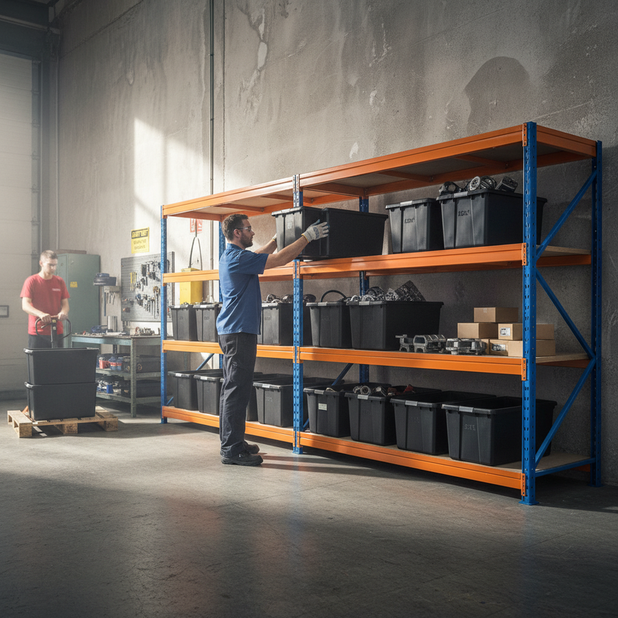 4x Premium Heavy Duty Shelving - 1770mm High - Blue & Orange with 12x 62L Plastic Storage Boxes - Front view