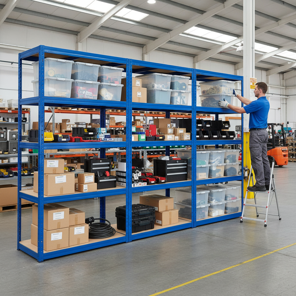 3x Heavy Duty Shelving Unit - 1800mm High with 12x 60L Plastic Storage Boxes - Side view