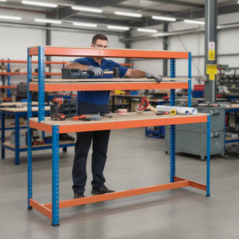 Heavy Duty T-Bar Workstation - 1677mm High - 400kg Capacity - Chipboard - Blue & Orange