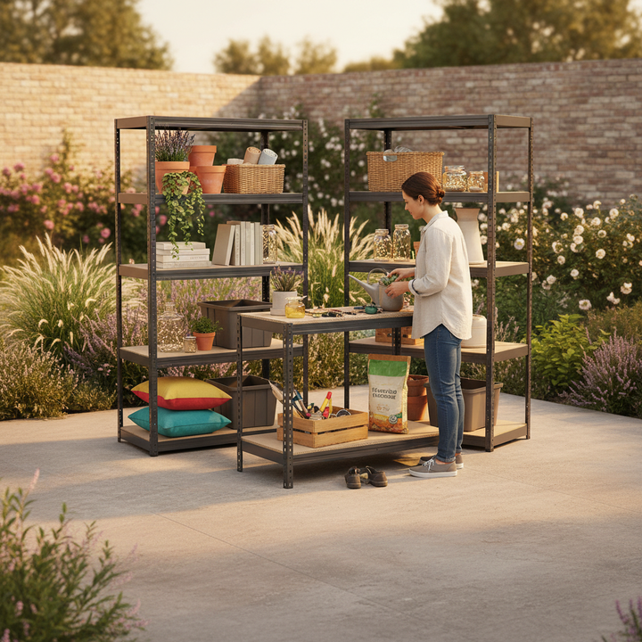 4x Premium Shelving Units - 1800mm High & 1x Professional Workbench - 1200mm Wide - Grey - Side view