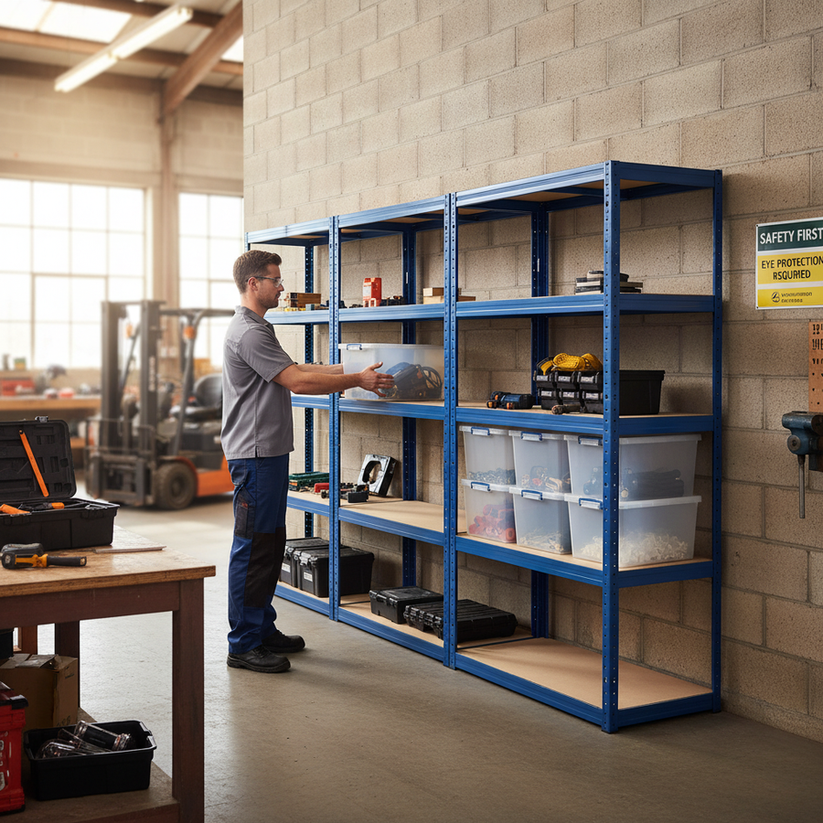 Heavy Duty 4x Shelving Units - 1800mm High - Blue with 8x 33.5L Storage Boxes - Front view