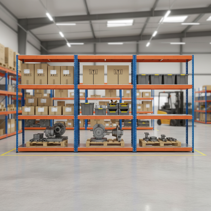 3x Heavy Duty Industrial Shelving - 1677mm High - 400kg Capacity - Steel Construction - Front view