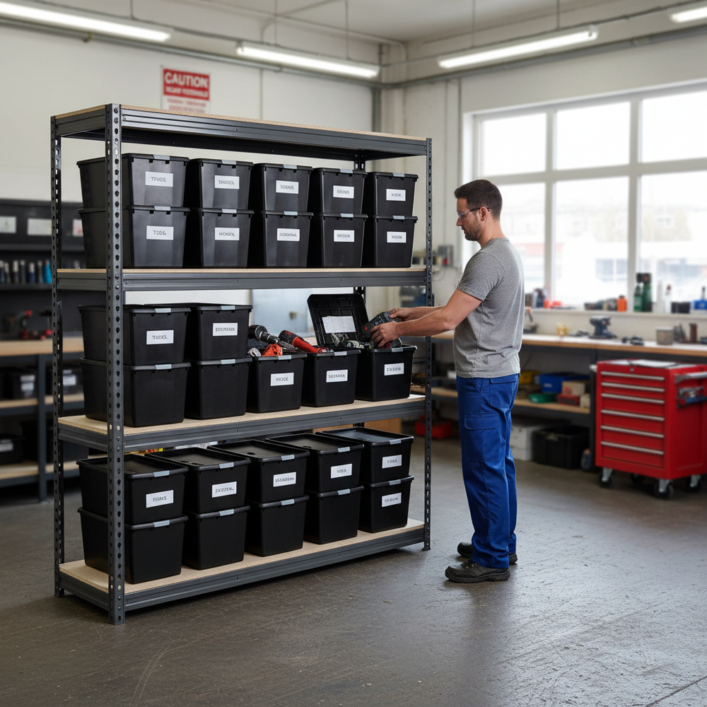 Heavy Duty Shelving Unit - 2000mm High with 12x 62L Plastic Storage Boxes - Side view