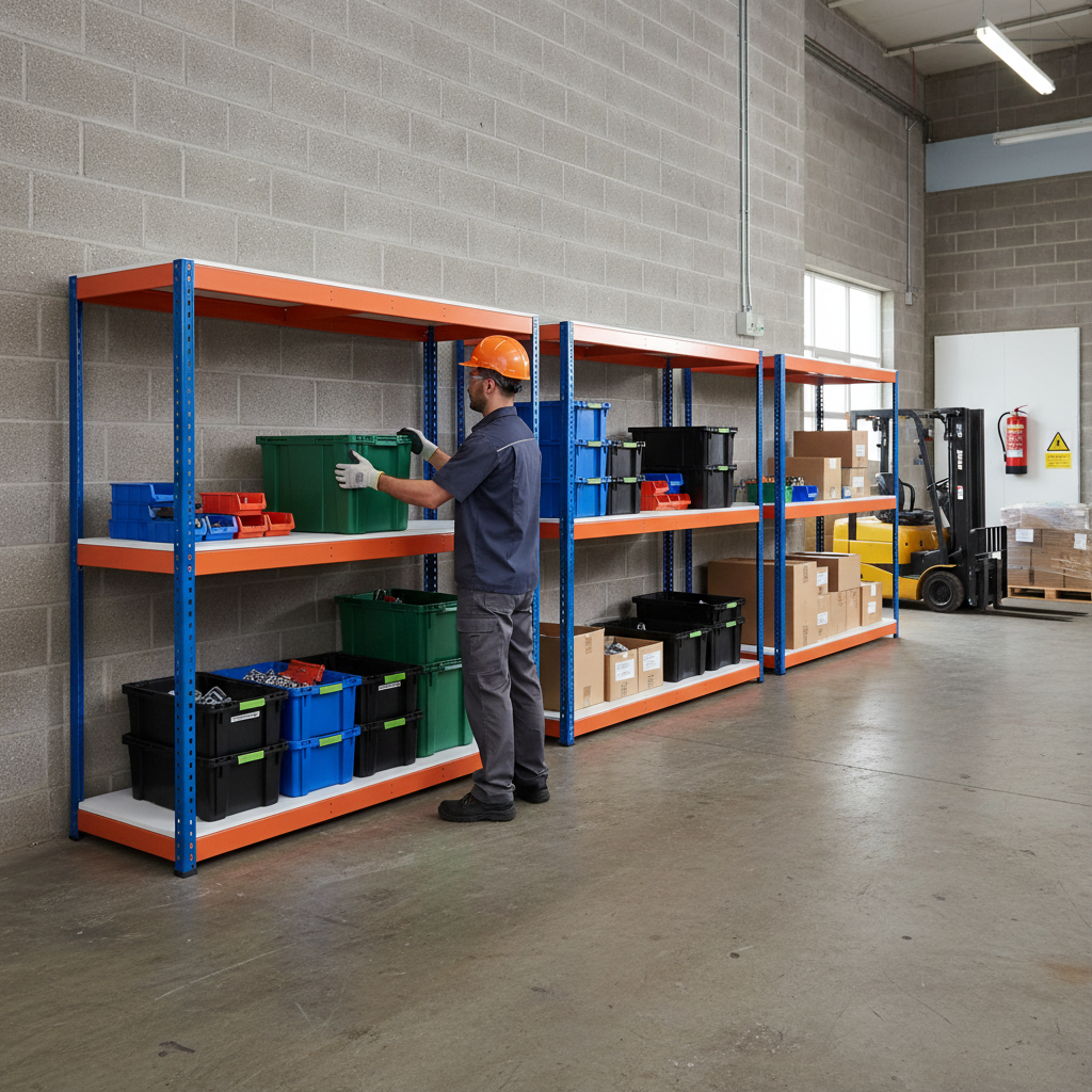 Heavy Duty 4x Industrial Shelving - 1677mm High - 400kg Capacity - Melamine - Blue & Orange - Front view