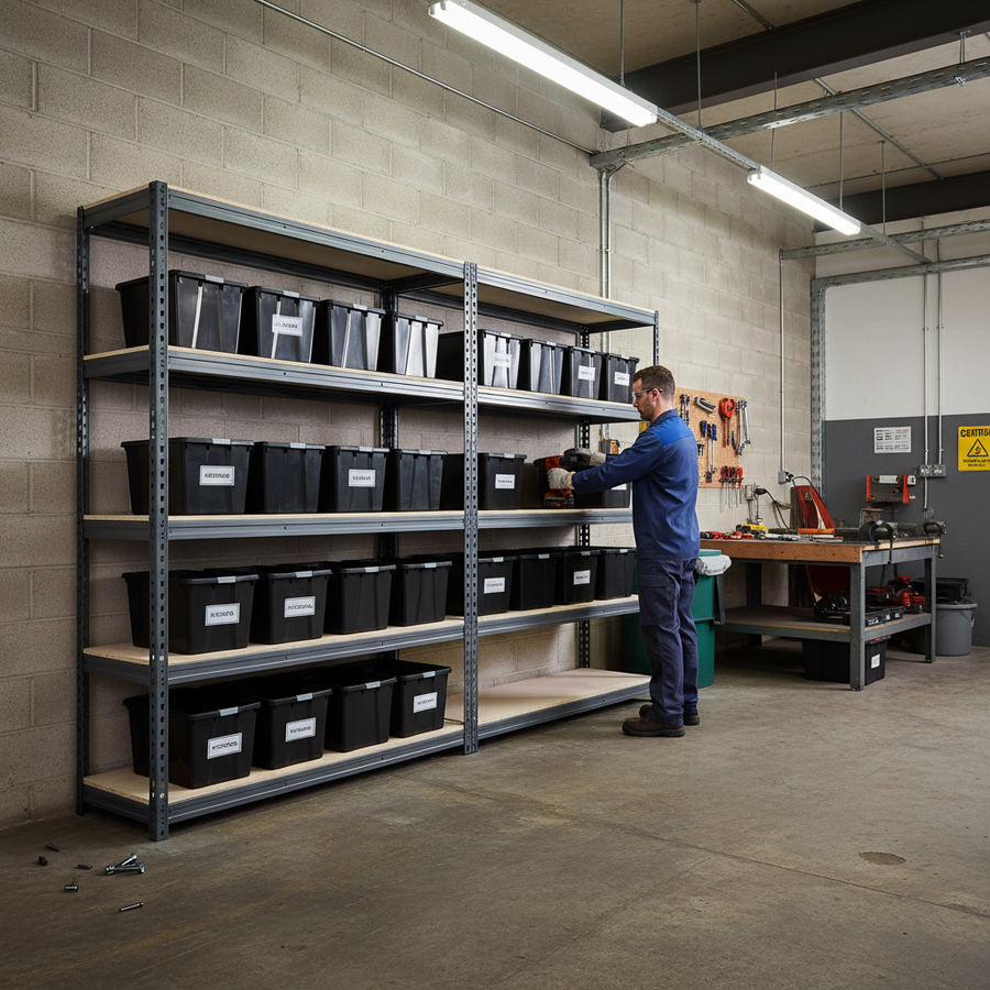 3x Premium Heavy Duty Shelving - 1800mm High - Grey with 12x 37L Plastic Storage Boxes - Front view