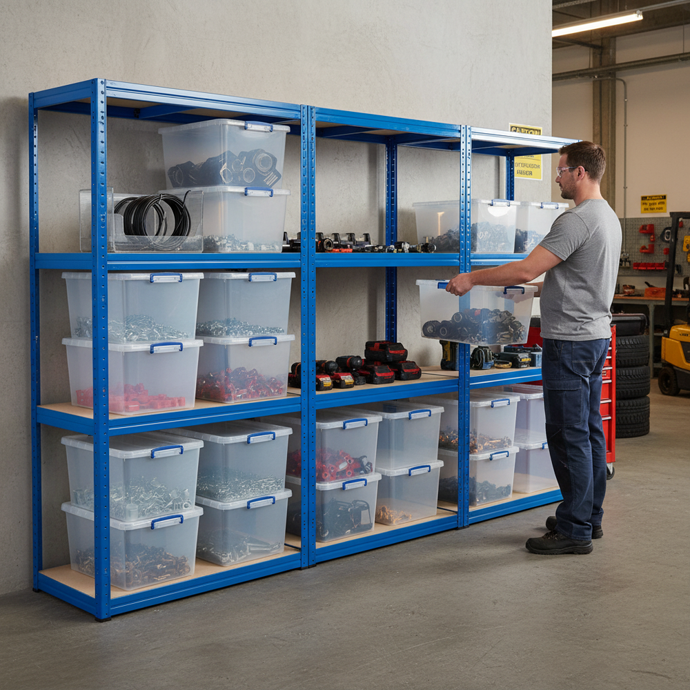 3x Heavy Duty Shelving Units - 1600mm High - Blue with 12x 33.5L Storage Boxes - Side view