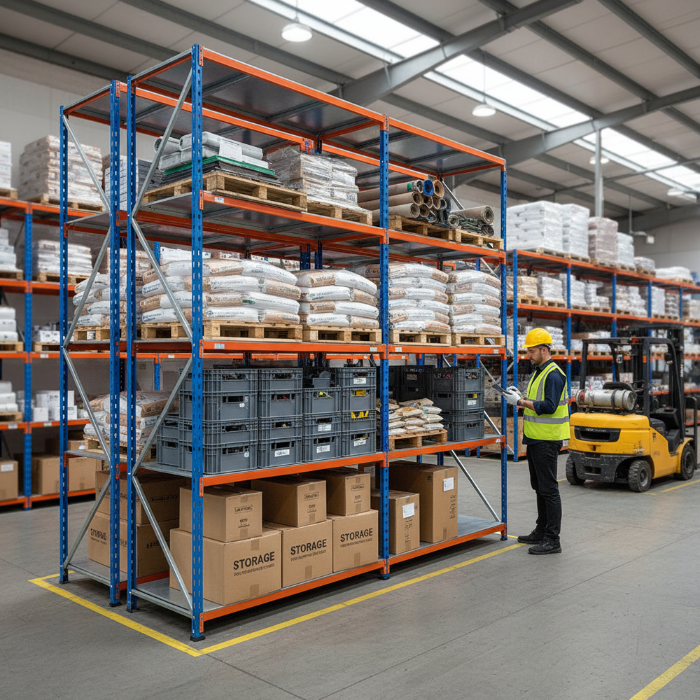 Heavy Duty Industrial Shelving Unit - 3050mm High - 340kg Capacity - Steel - Blue & Orange - Side view