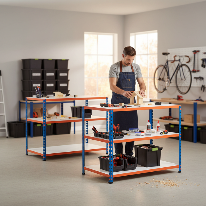 2x Heavy Duty Workbenches - 915mm High - 340kg Load Capacity - Melamine - Blue/Orange - Front view
