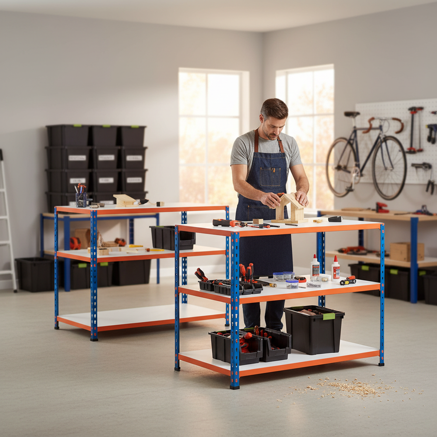 2x Heavy Duty Workbenches - 915mm High - 340kg Load Capacity - Melamine - Blue/Orange - Front view