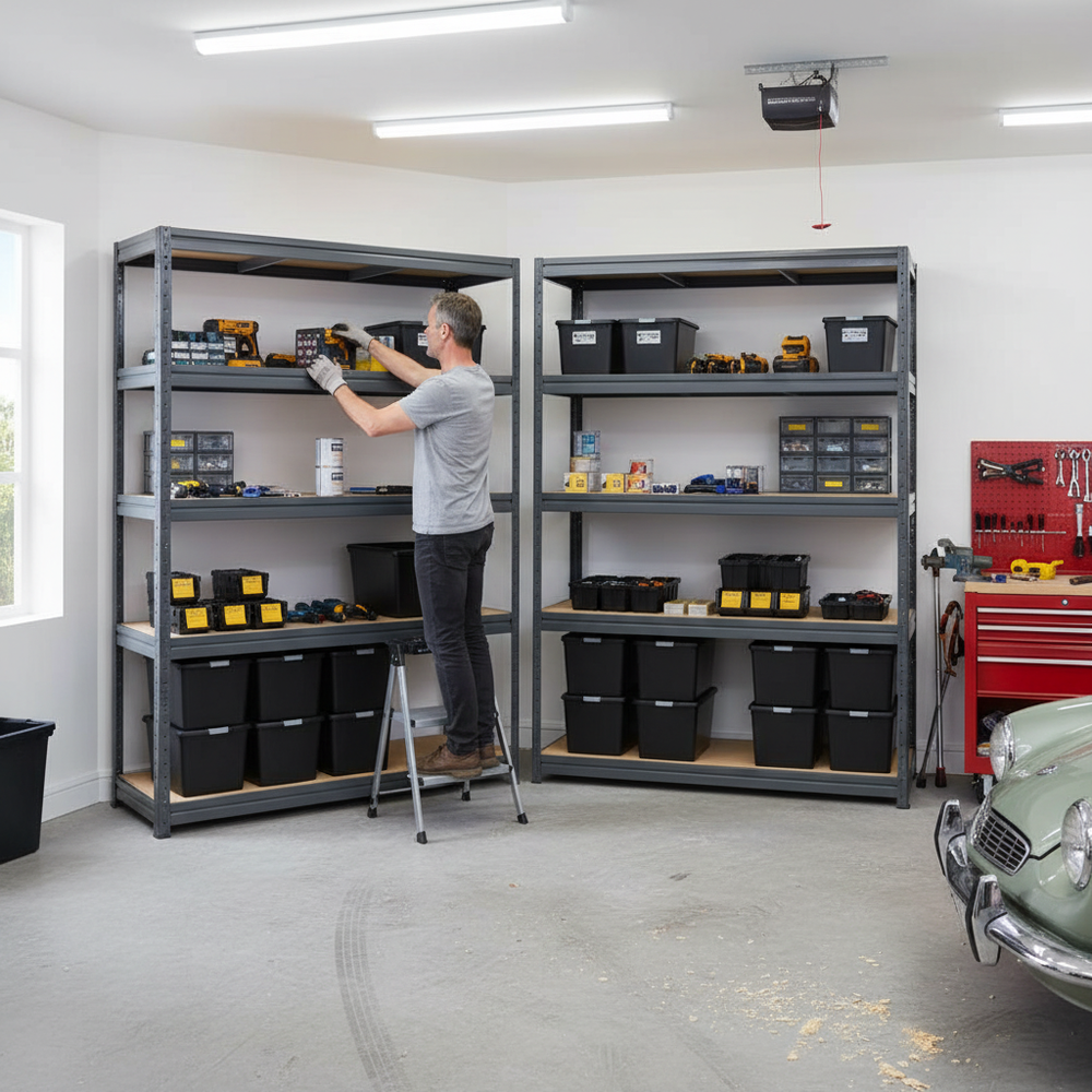 4x Premium Heavy Duty Shelving - 1770mm High - Grey with 8x 62L Storage Boxes - Side view