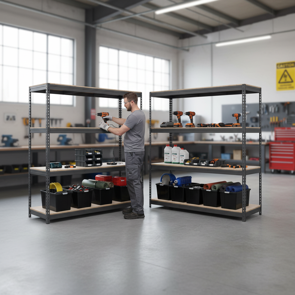 4x Premium Heavy Duty Shelving - 1600mm High - Grey with 8x 37L Plastic Storage Boxes - Front view