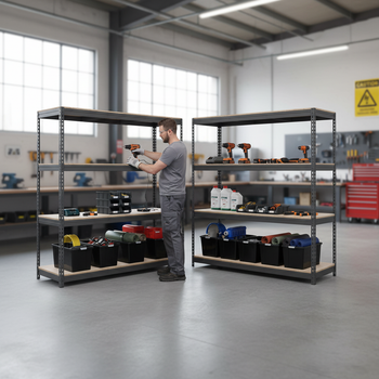 4x Premium Heavy Duty Shelving - 1600mm High - Grey with 8x 37L Plastic Storage Boxes