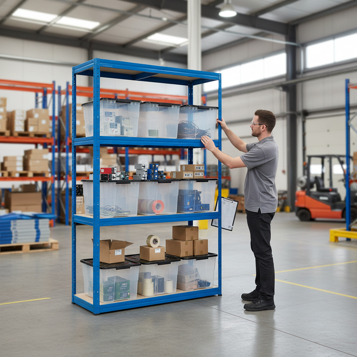 Heavy Duty Shelving Unit with 8x 24L Plastic Storage Boxes - 1600mm High - Side view