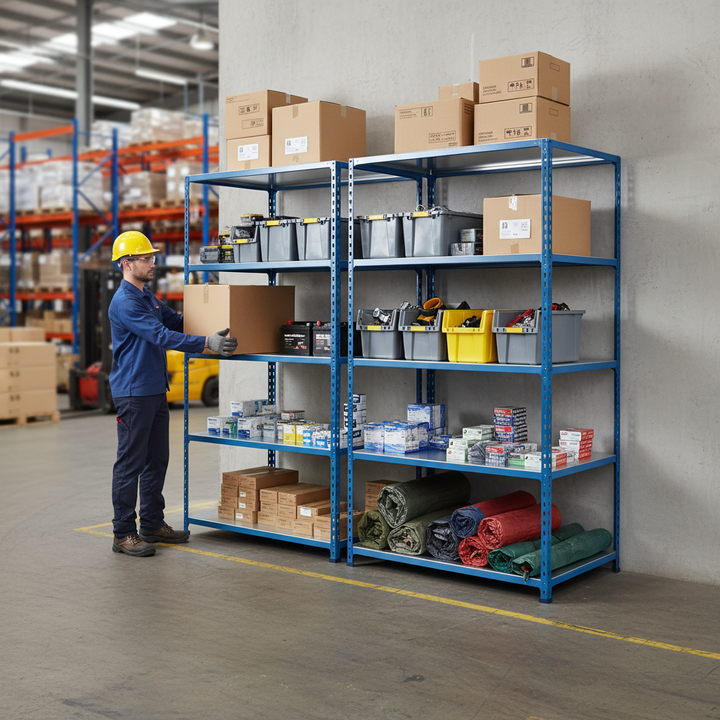 Premium Industrial Shelving - 2440mm High - 200kg Capacity - Steel - Blue Finish - Side view