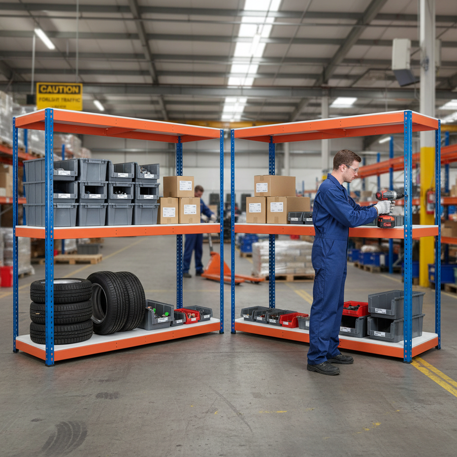 Heavy Duty Industrial Shelving - 1980mm High - 400kg Capacity - Blue & Orange - Front view
